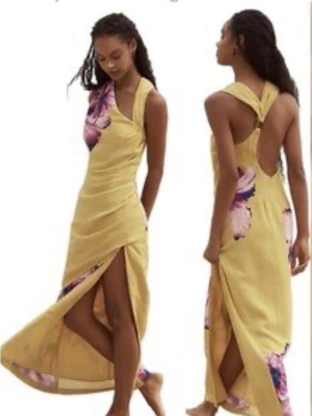 Anthropologie Linen Asymmetrical Maxi Dress Tropical Floral Yellow Large